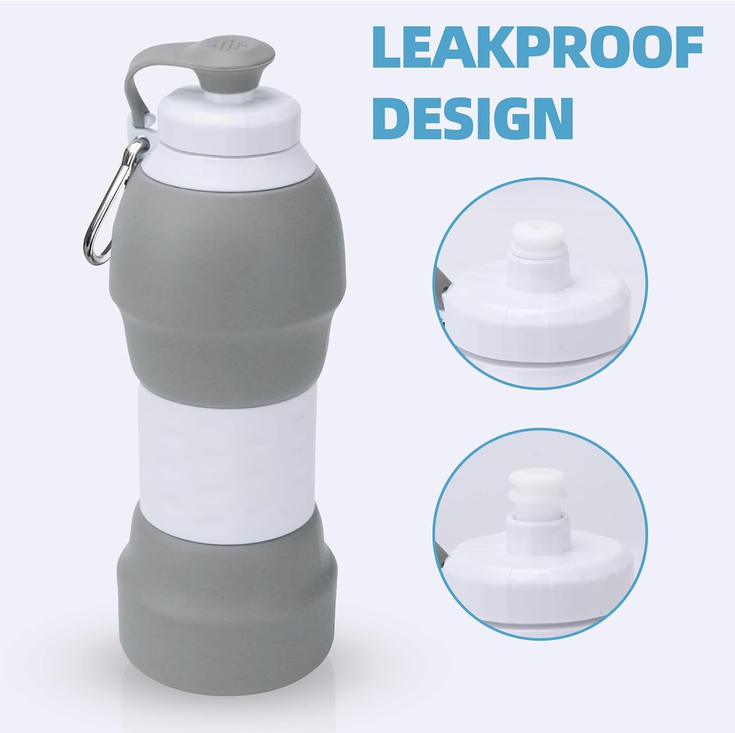 Collapsible Water Bottle, Upgrade Leak-Proof Reusable BPA Free Silicone Sports Bottles, Portable Refillable Water Bottles with Carabiner, Ideal for Travel Hiking Outdoor Camping Gym (Gray)