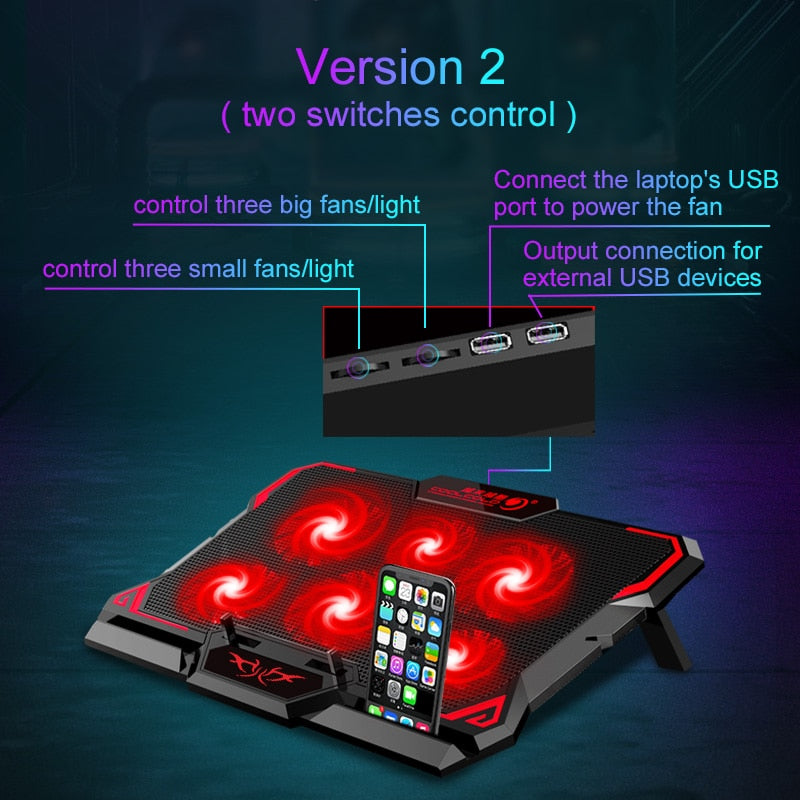 Laptop Cooling Pad, Laptop Cooler with 6 Quiet Led Fans for 15.6-17 Inch Laptop Cooling Fan Stand, Portable Ultra Slim USB Powered Gaming Laptop Cooling Pad, Switch Control Fan Speed Function