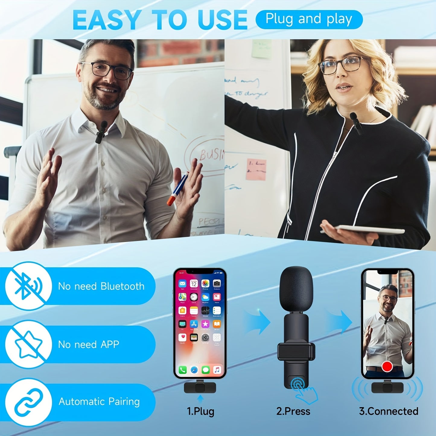 Wireless Lapel Microphone For IPhone IPad Professional Wireless Clip Mic - Cordless Omnidirectional Condenser Recording Mic For Interview Video Podcast Vlog YouTube