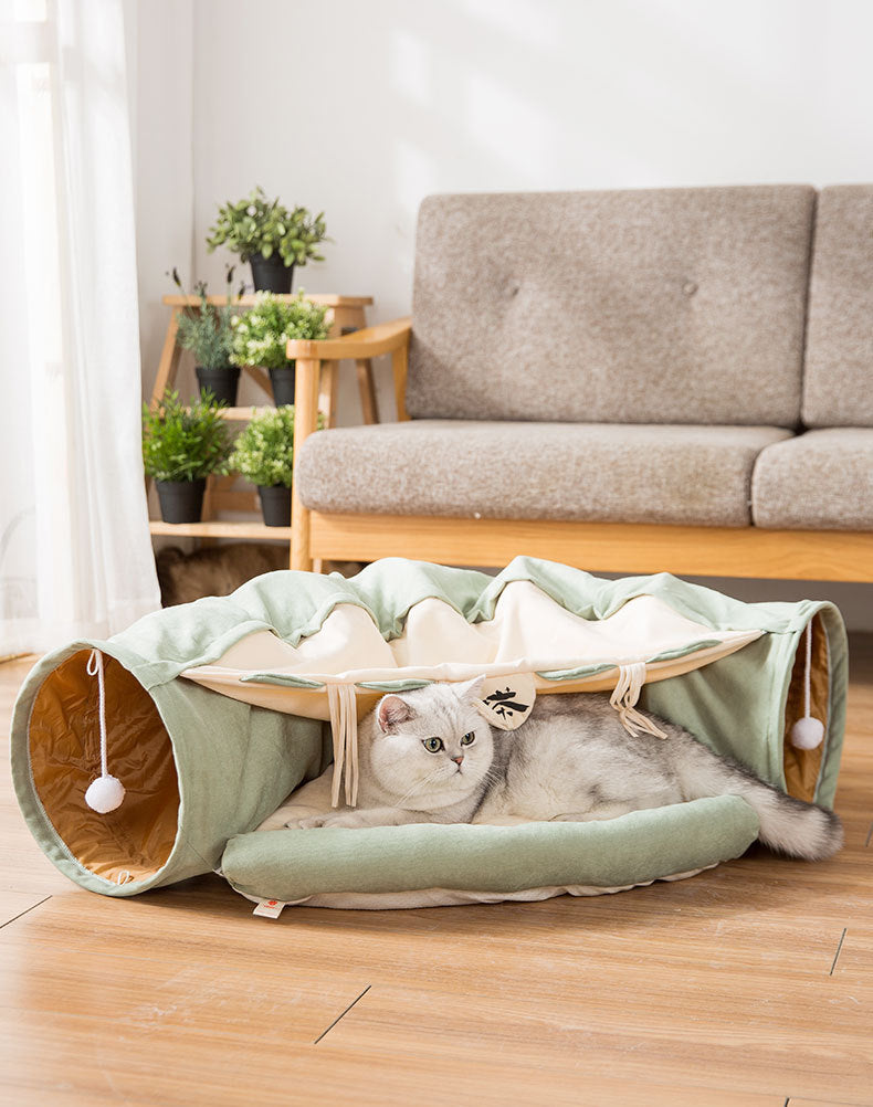 Cat Tunnel Bed, 2-in-1 Cat Tunnel for Indoor Cats, Collapsible Cat Cave Bed, Pet Play Tunnel for Small Medium-Large Kittens