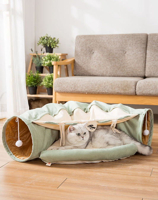 Cat Tunnel Bed, 2-in-1 Cat Tunnel for Indoor Cats, Collapsible Cat Cave Bed, Pet Play Tunnel for Small Medium-Large Kittens