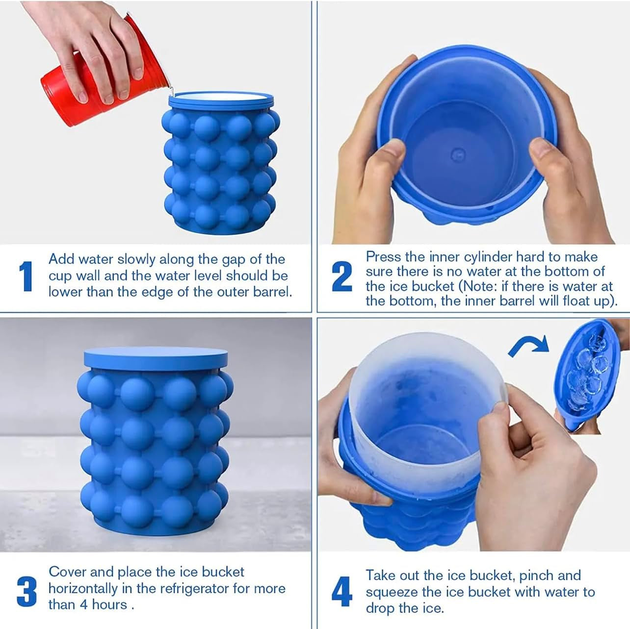 Ice Cube Mold Ice Cube Trays, New 3D Ice Cubes Maker(2 in 1), Large Cylindrical Silicone Ice Bucket for Frozen Cocktail, Beverages and More - Blue