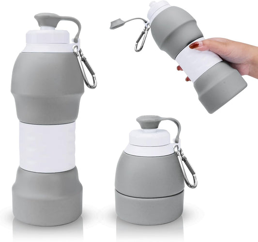 Collapsible Water Bottle, Upgrade Leak-Proof Reusable BPA Free Silicone Sports Bottles, Portable Refillable Water Bottles with Carabiner, Ideal for Travel Hiking Outdoor Camping Gym (Gray)