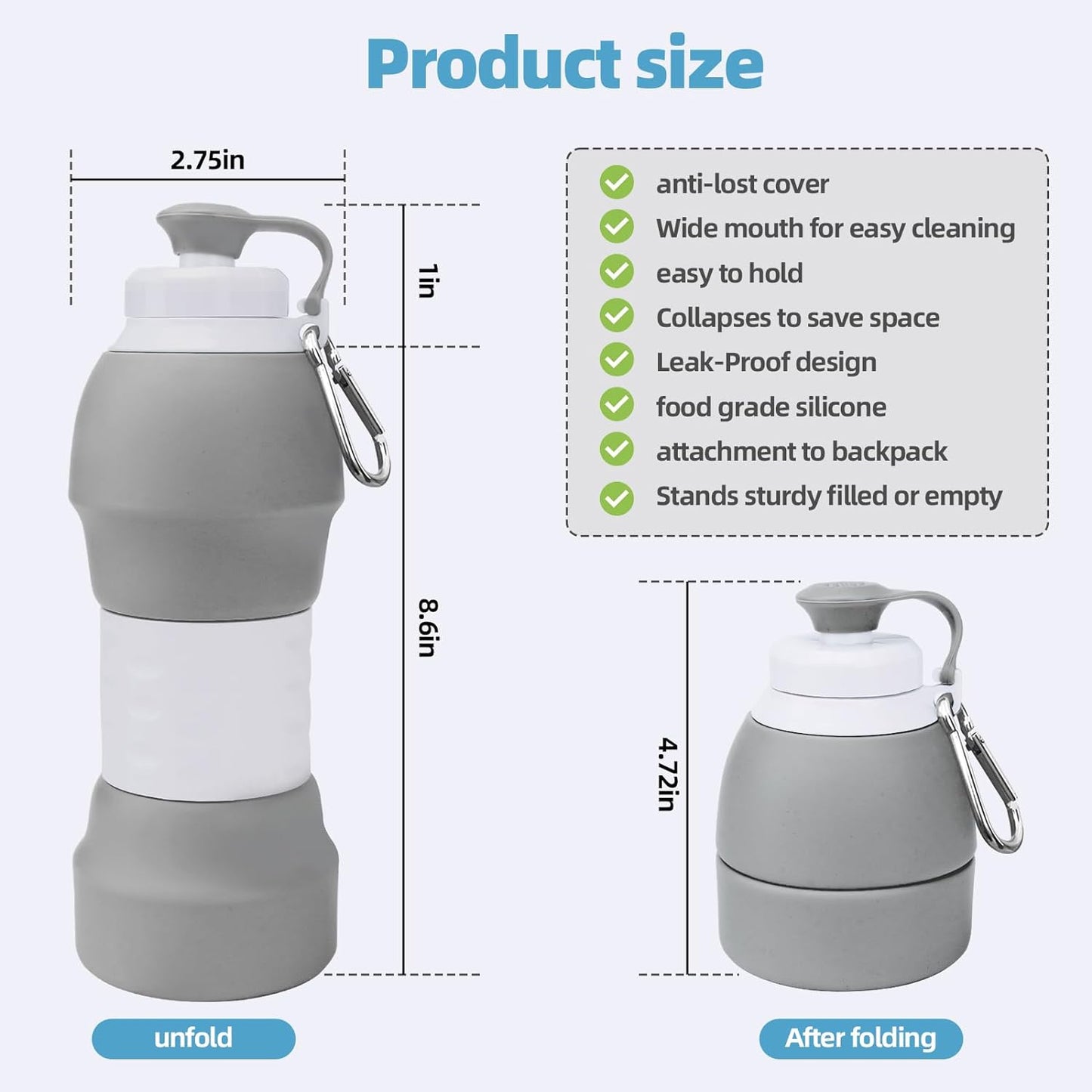 Collapsible Water Bottle, Upgrade Leak-Proof Reusable BPA Free Silicone Sports Bottles, Portable Refillable Water Bottles with Carabiner, Ideal for Travel Hiking Outdoor Camping Gym (Gray)