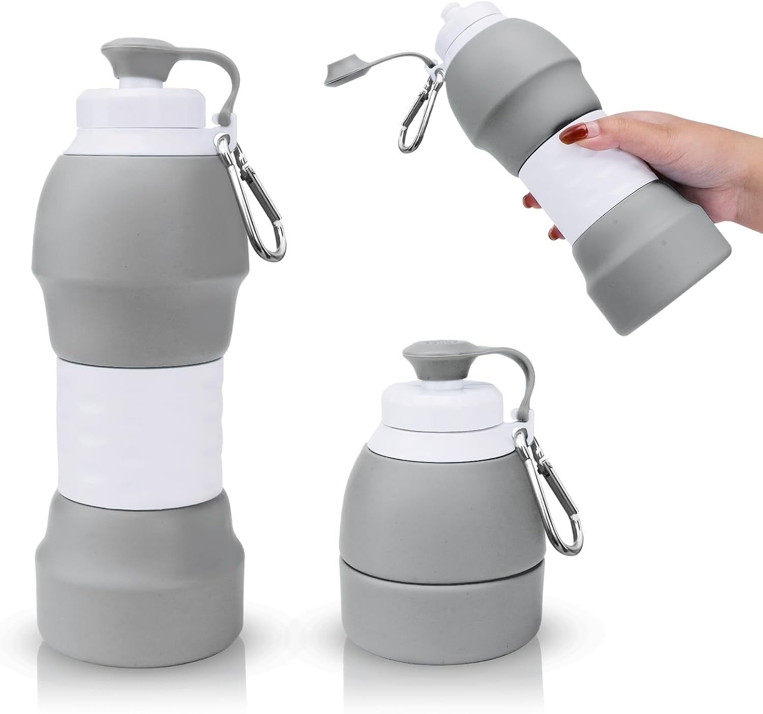 Collapsible Water Bottle, Upgrade Leak-Proof Reusable BPA Free Silicone Sports Bottles, Portable Refillable Water Bottles with Carabiner, Ideal for Travel Hiking Outdoor Camping Gym (Gray)