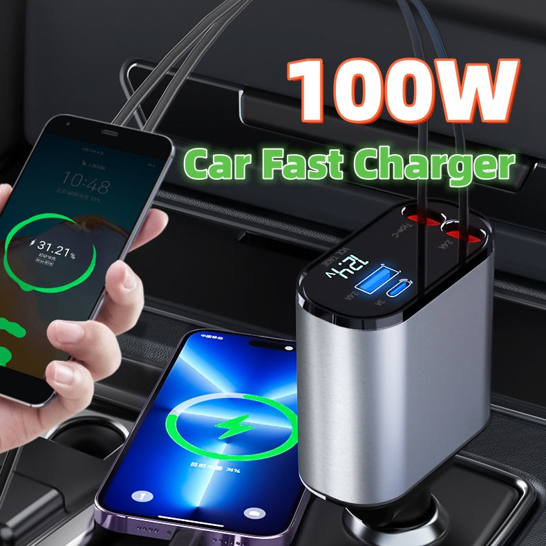Super Fast Retractable Charging Car Cigarette Lighter USB And TYPE-C Adapter