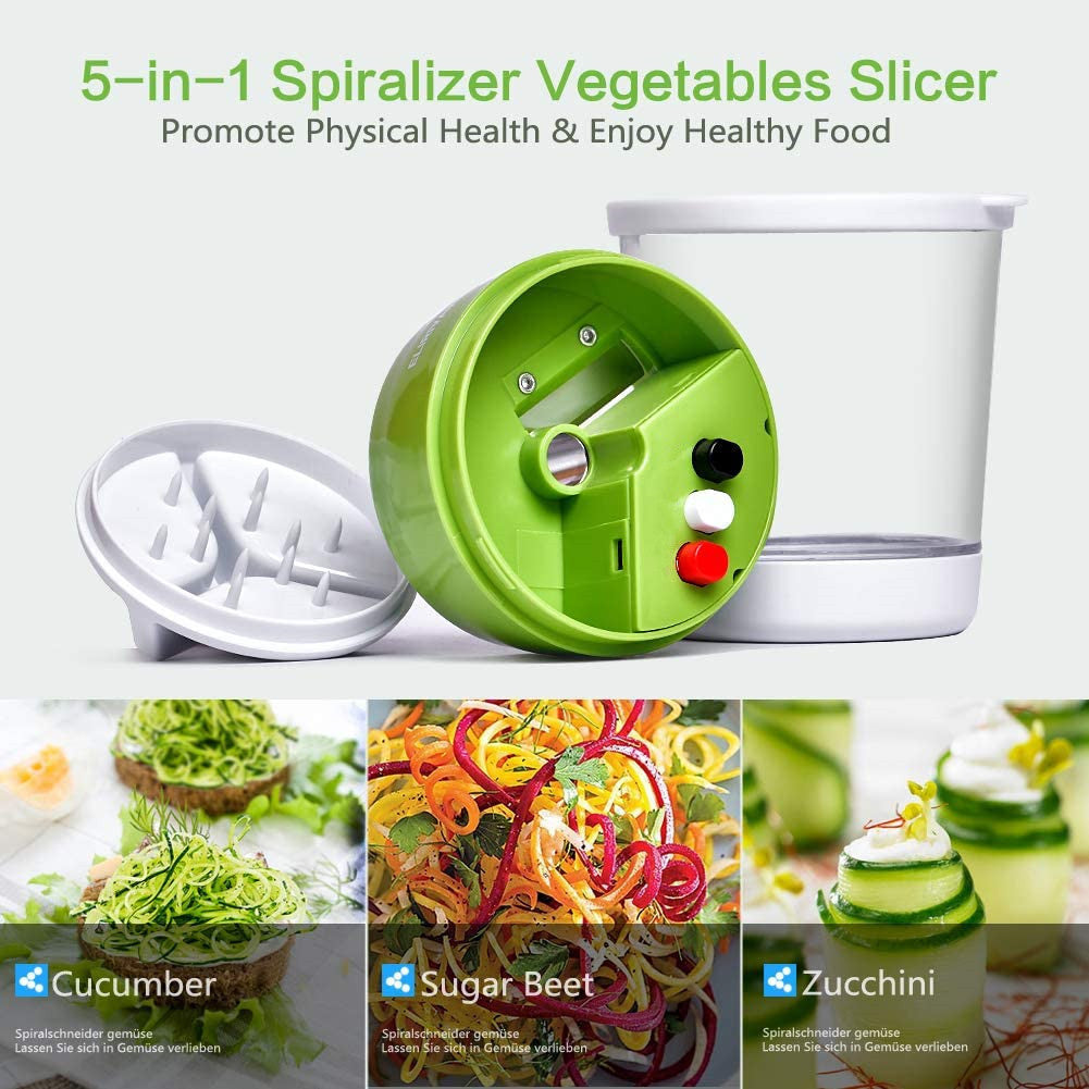 5-in-1 Spiralizer Vegetables Slicer Adjustable Spiral Cutter with Container