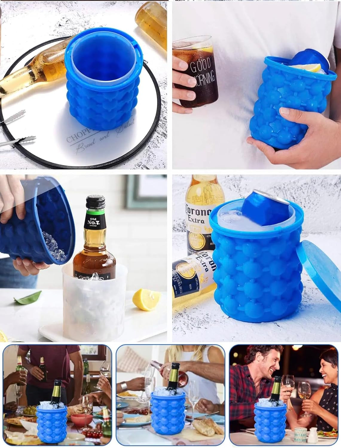 Ice Cube Mold Ice Cube Trays, New 3D Ice Cubes Maker(2 in 1), Large Cylindrical Silicone Ice Bucket for Frozen Cocktail, Beverages and More - Blue