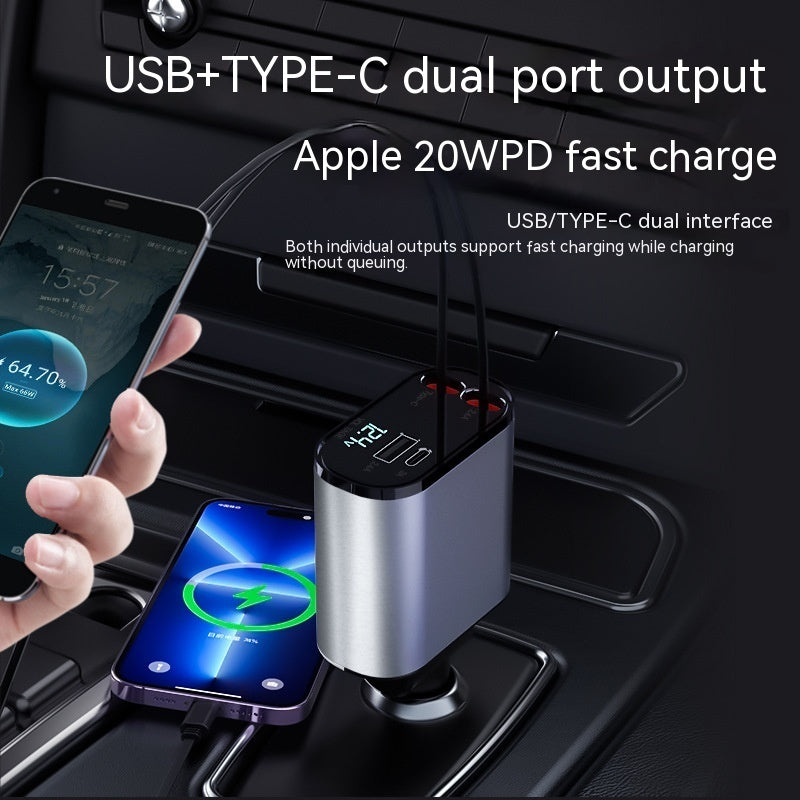 Retractable Car Charger, 4 in 1 Retractable Car Charger Digital Display Charging USB Adapter Cigarette Lighter One To Four