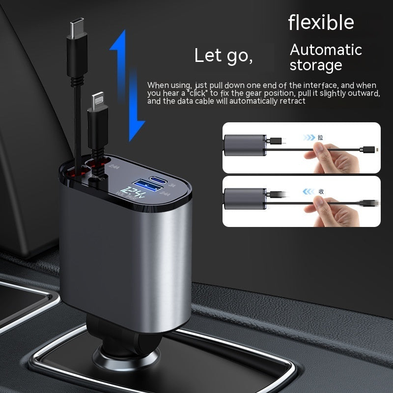 Retractable Car Charger, 4 in 1 Retractable Car Charger Digital Display Charging USB Adapter Cigarette Lighter One To Four