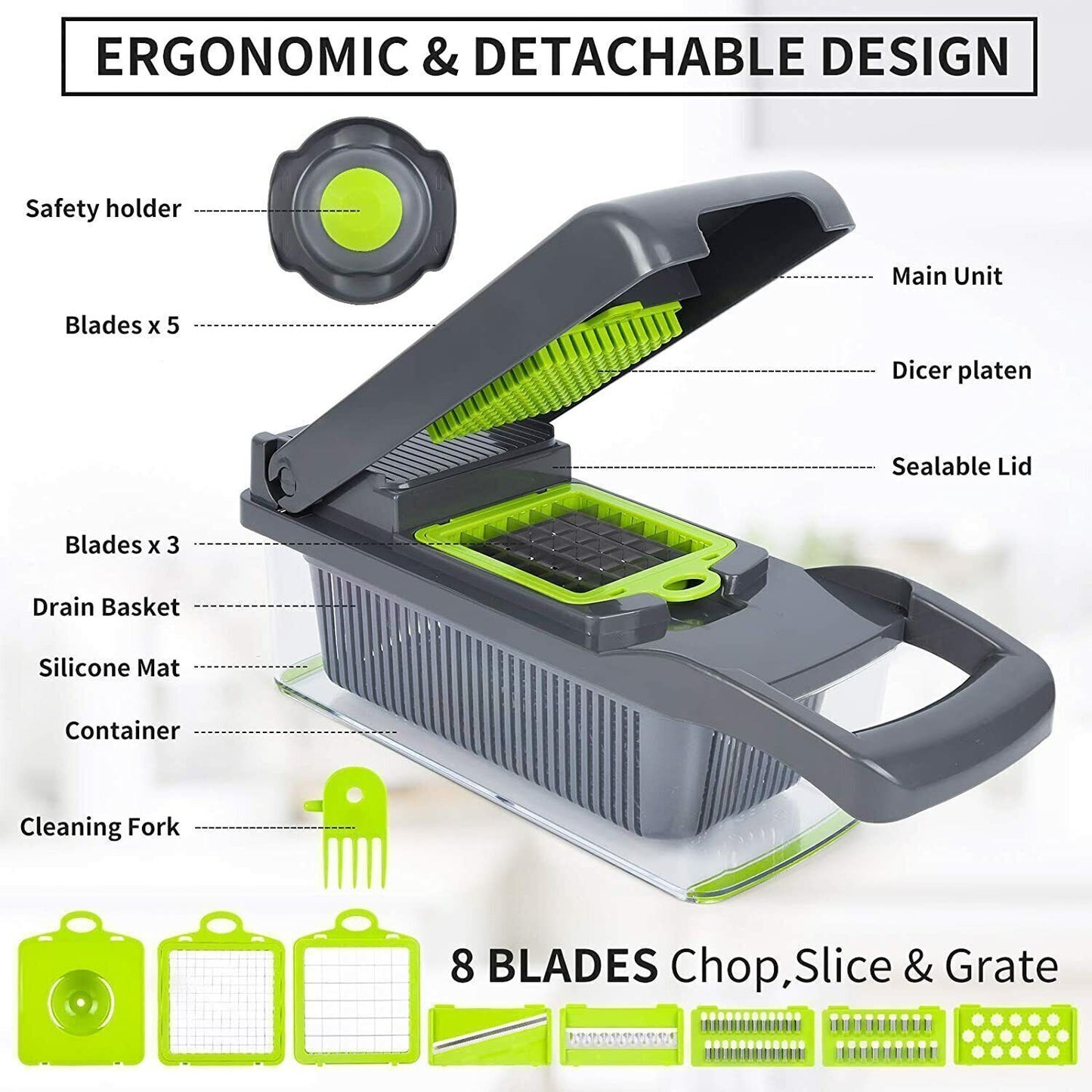 Multi-Function Vegetable and Fruit Chopper with Dicer and Slicer - 14 in 1 Kitchen Tool